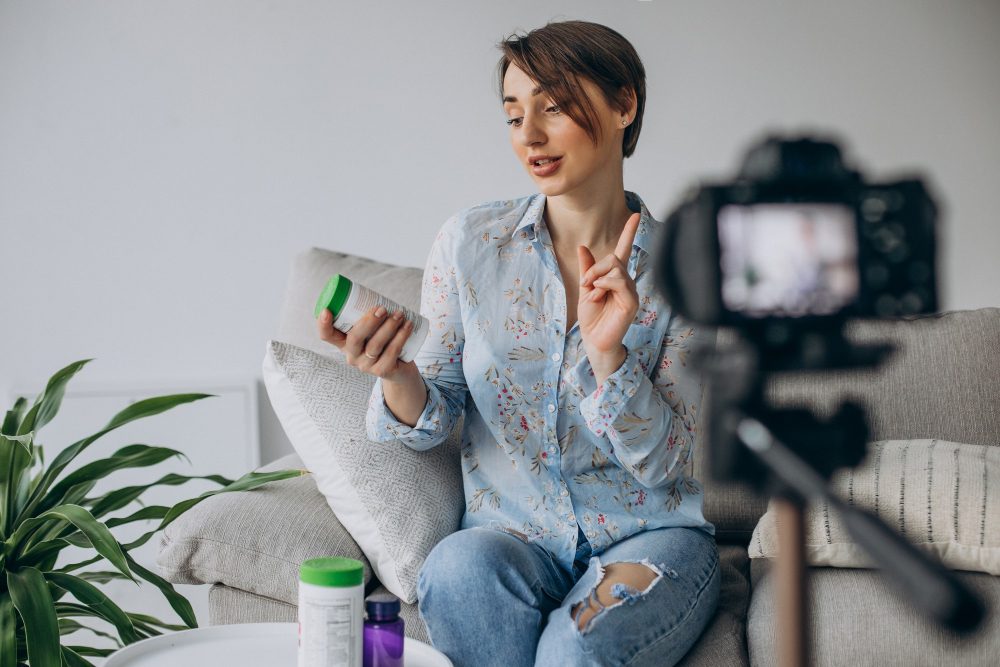 Une femme qui présente un produit à la caméra